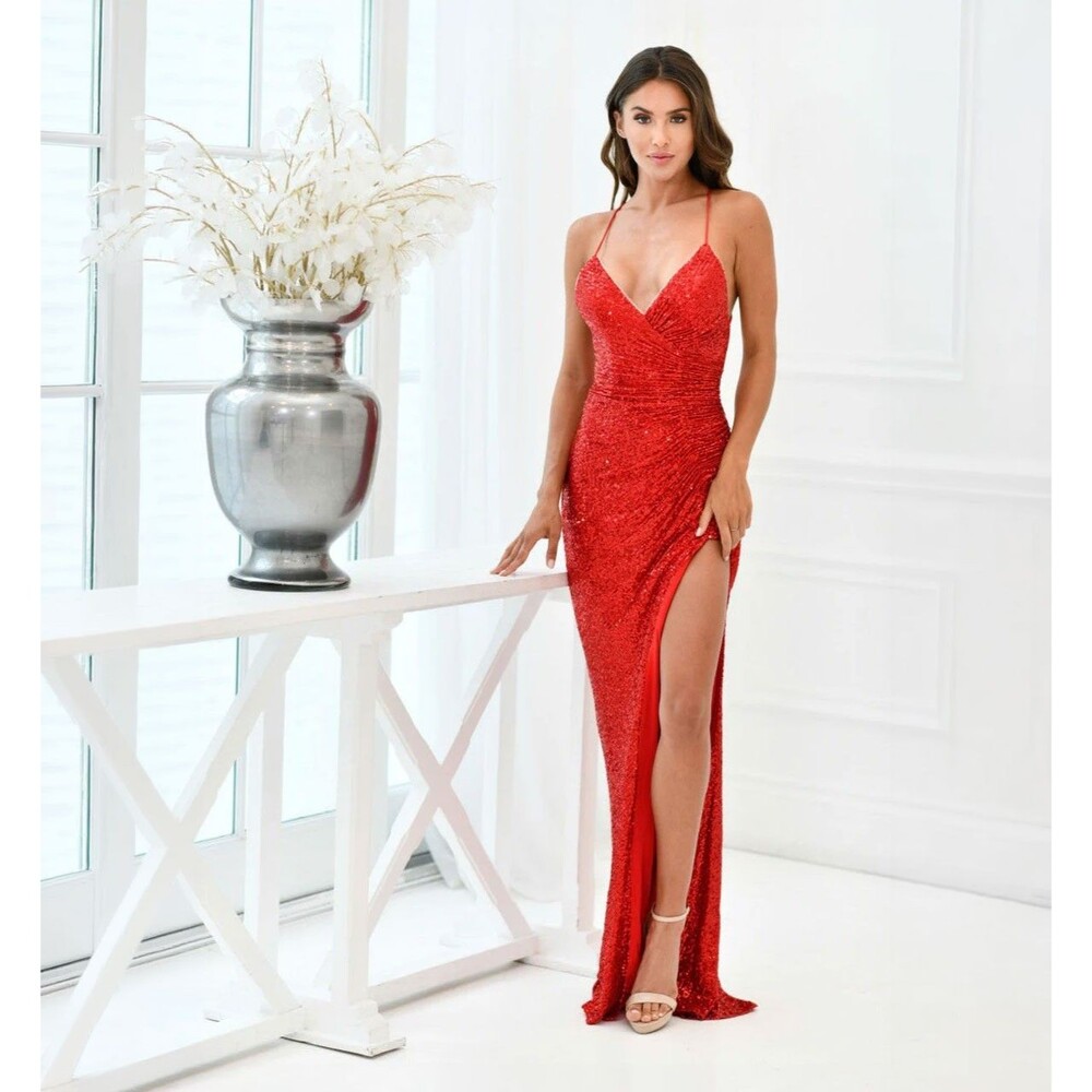 CINDERELLA Divine Sequin Gown Dress Red Slit Cross Straps Size S Prom
